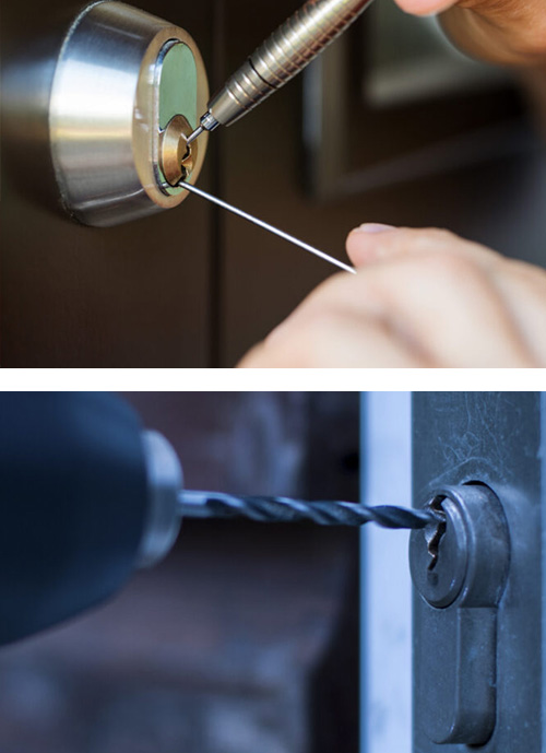 lock pick tools being used on a deadbolt (top) lock being drilled out (bottom)